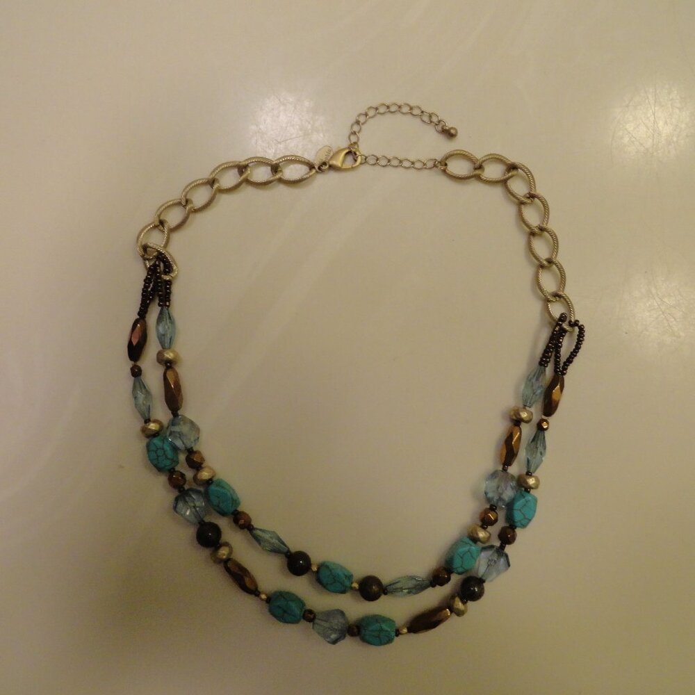 Lia Sophia Sonora genuine bronzite & turquoise necklace 18-21" glass resin beads